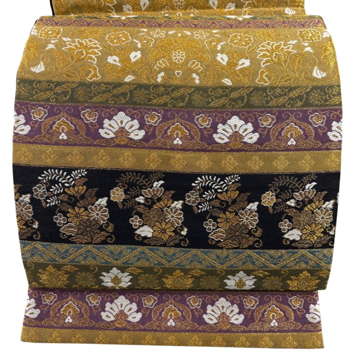 【美品】 袋帯 秀品 横段 草花 金糸 山吹茶色 六通 正絹 【中古】