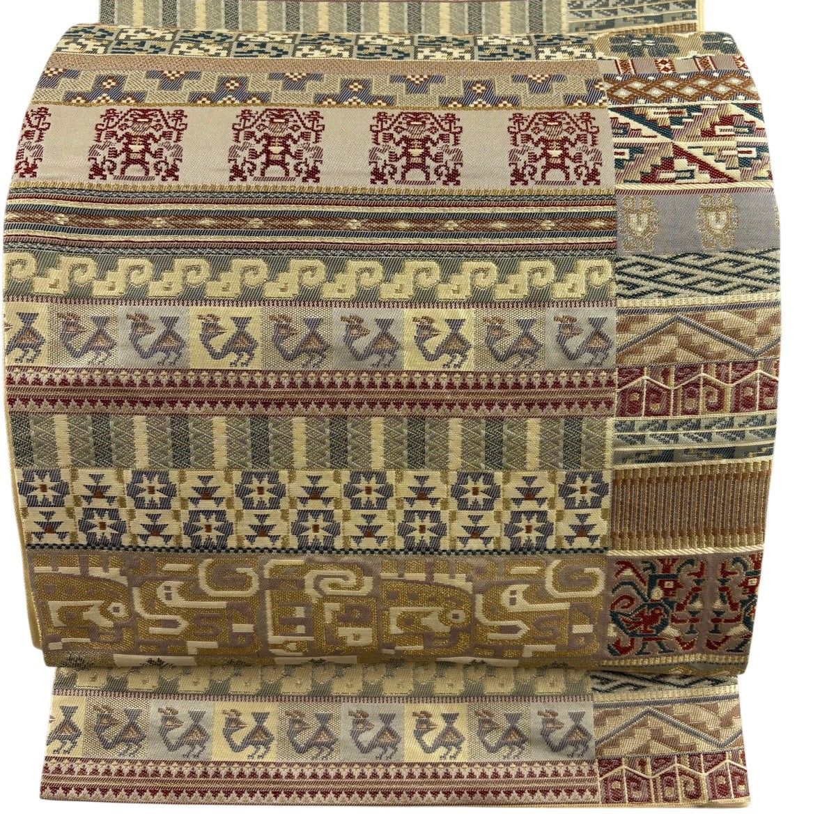 【美品】 袋帯 秀品 幾何学模様 人物 金糸 薄黄土色 六通 正絹 【中古】