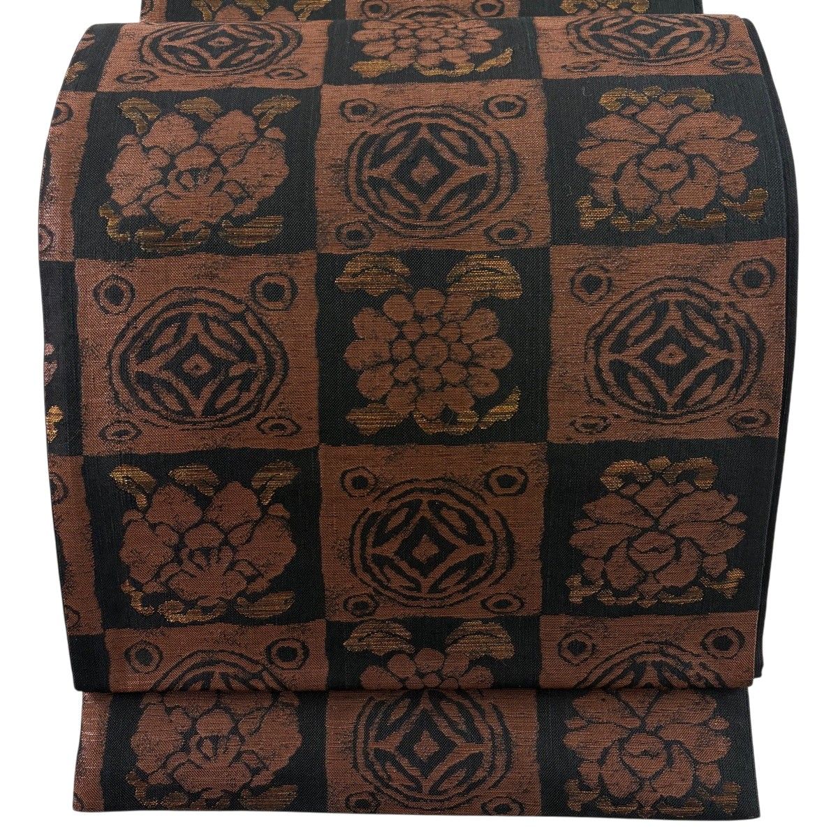 【美品】 袋帯 秀品 市松 金糸 茶色 六通 正絹 【中古】