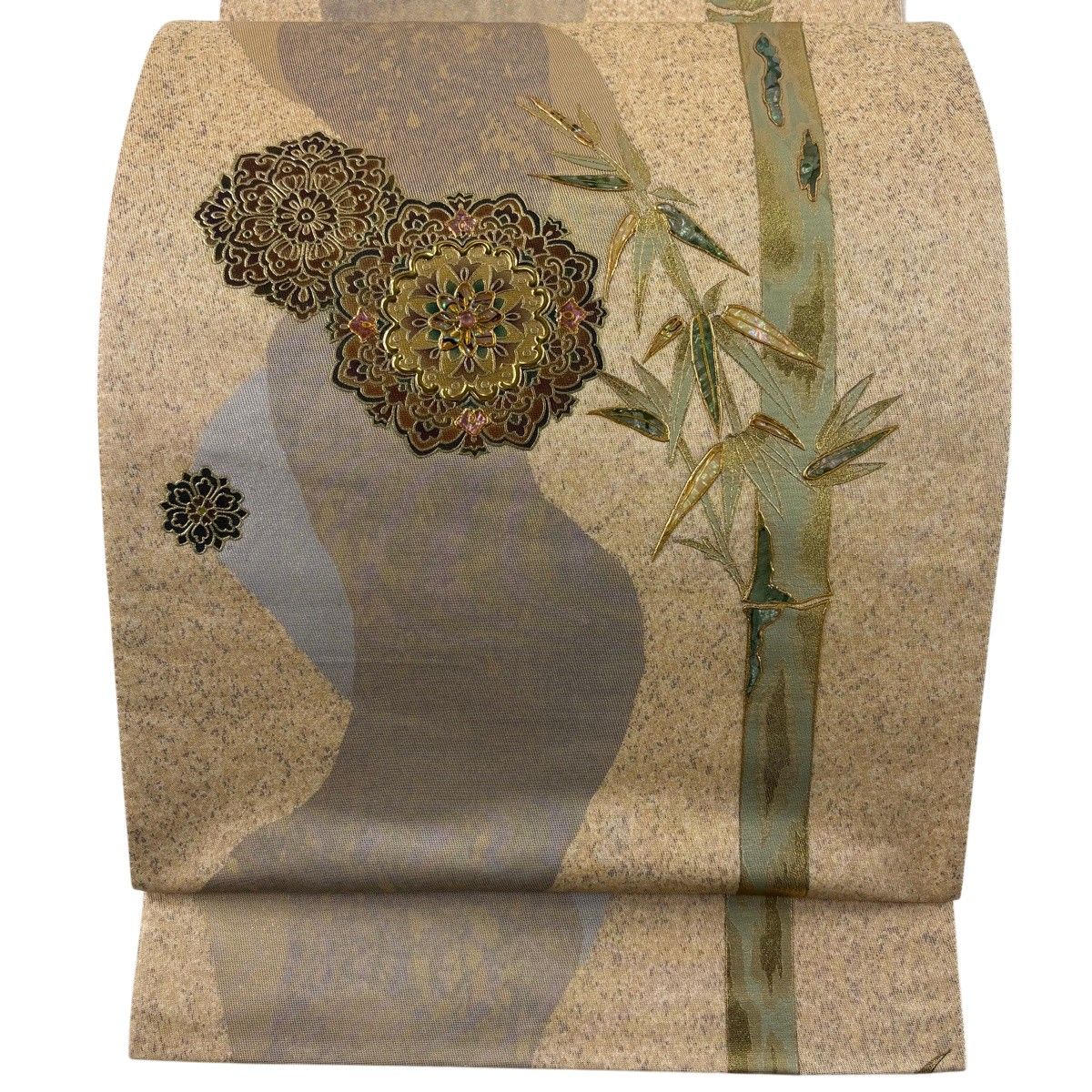 袋帯 秀品 竹 華文 螺鈿 箔 金色 お太鼓柄 正絹 【中古】