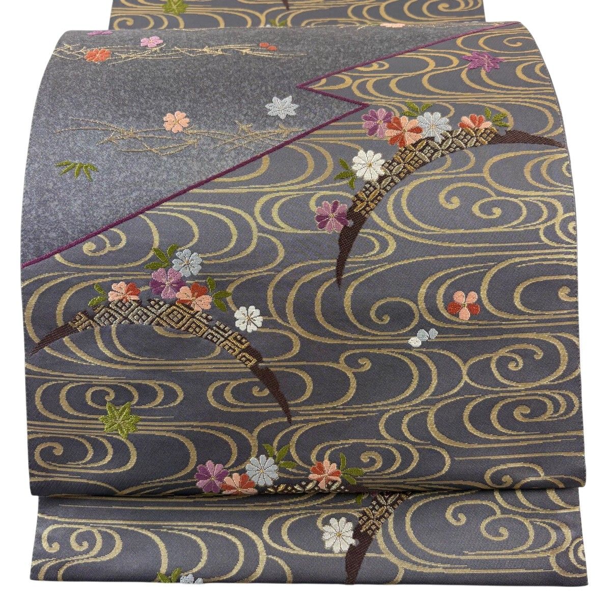 【美品】 袋帯 秀品 じゅらく 落款 松竹梅 雪芝 金糸 箔 灰色 お太鼓柄 正絹 【中古】