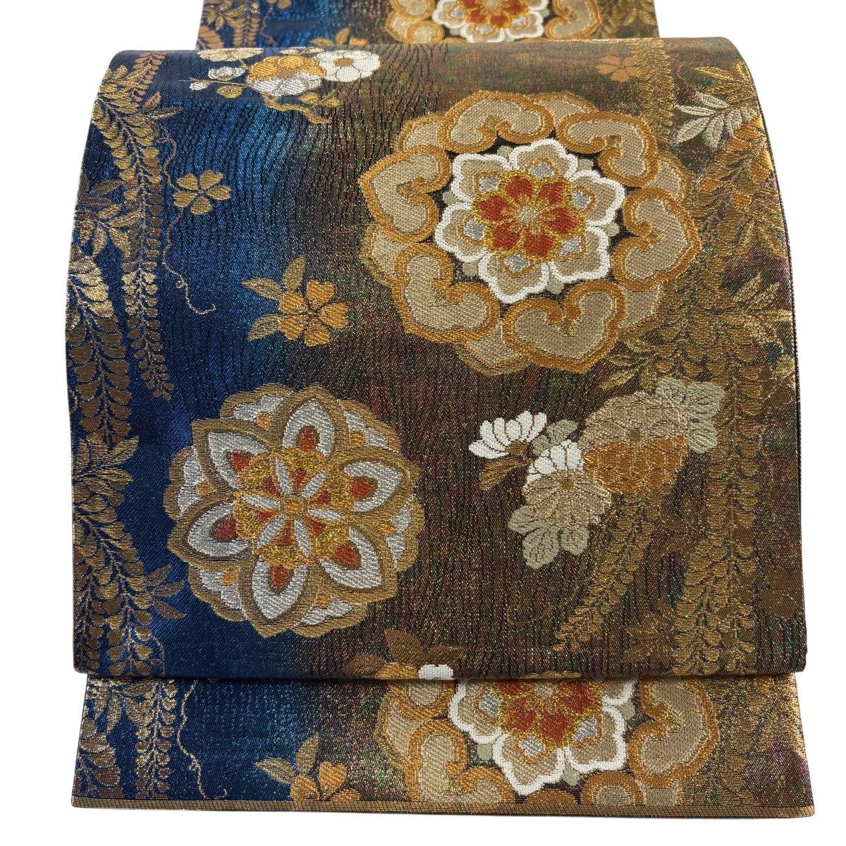 【美品】 袋帯 秀品 華文 草花 金銀糸 箔 青 六通 正絹 【中古】
