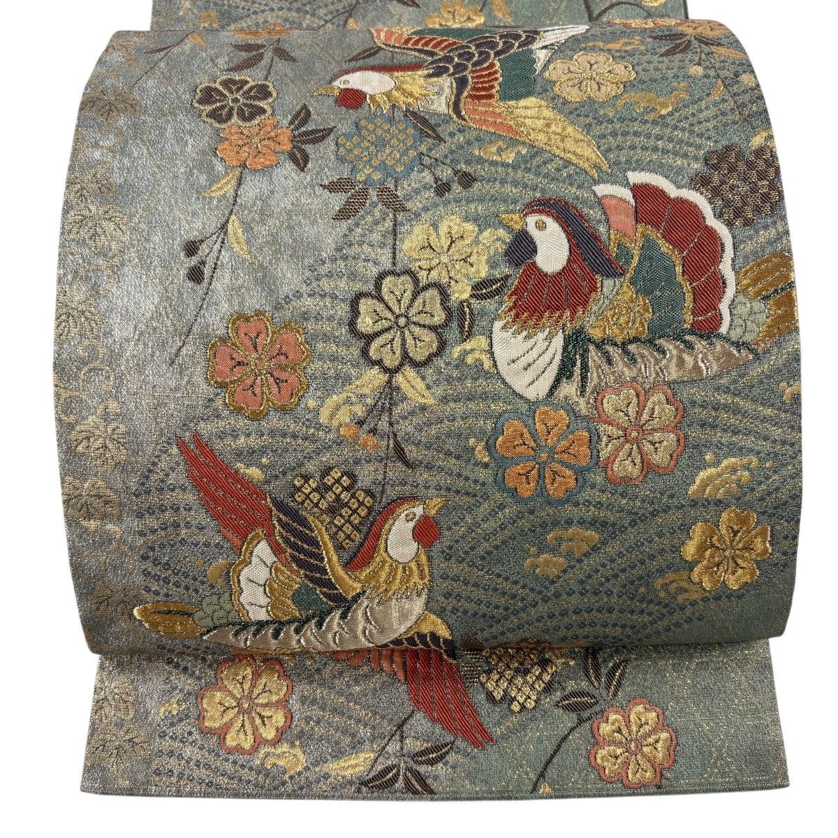 【美品】 袋帯 秀品 関西仕立て 鳥 枝垂れ桜 金糸 箔 灰緑 六通 正絹 【中古】