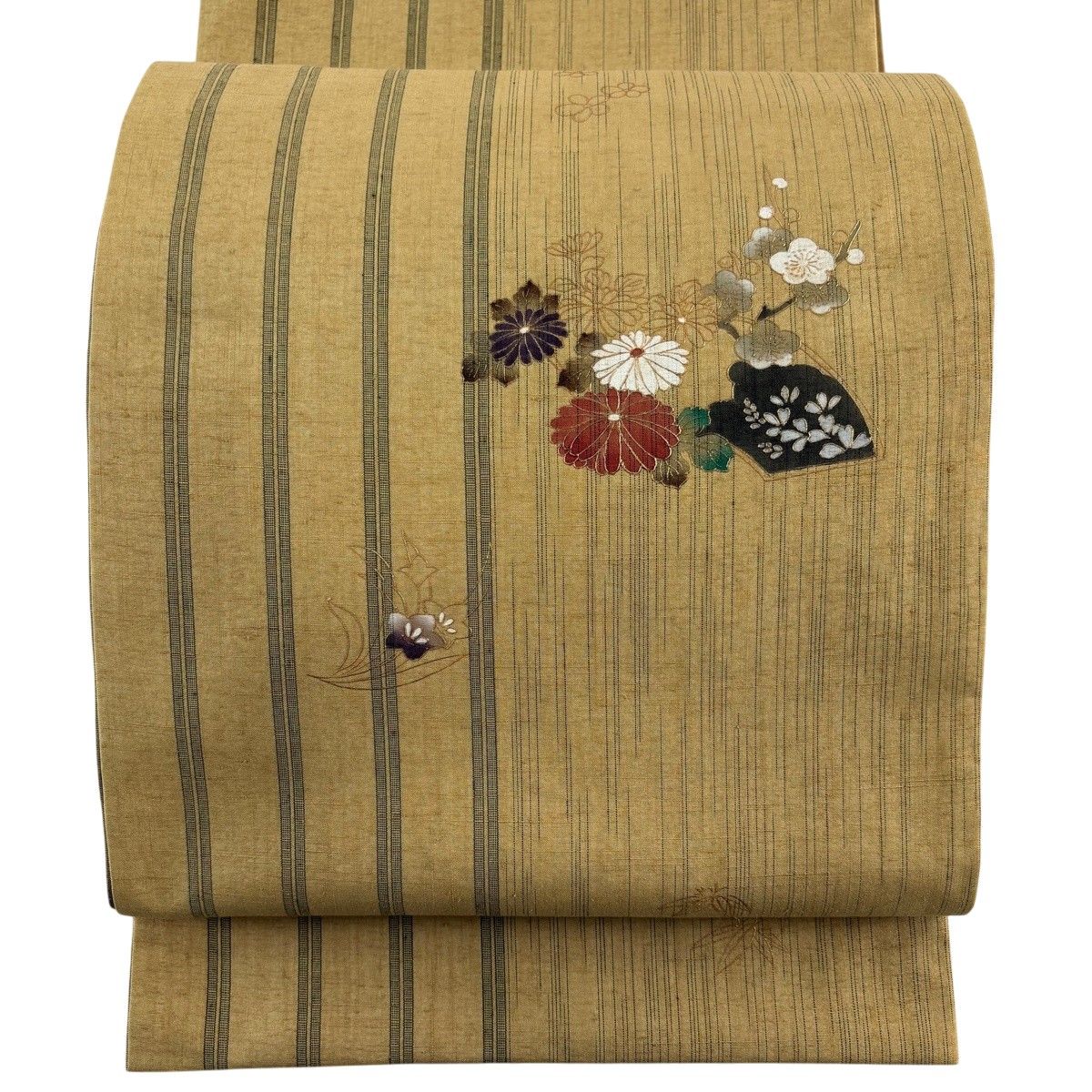 袋帯 秀品 紬地 菊 枝梅 金彩 からし色 お太鼓柄 正絹 【中古】