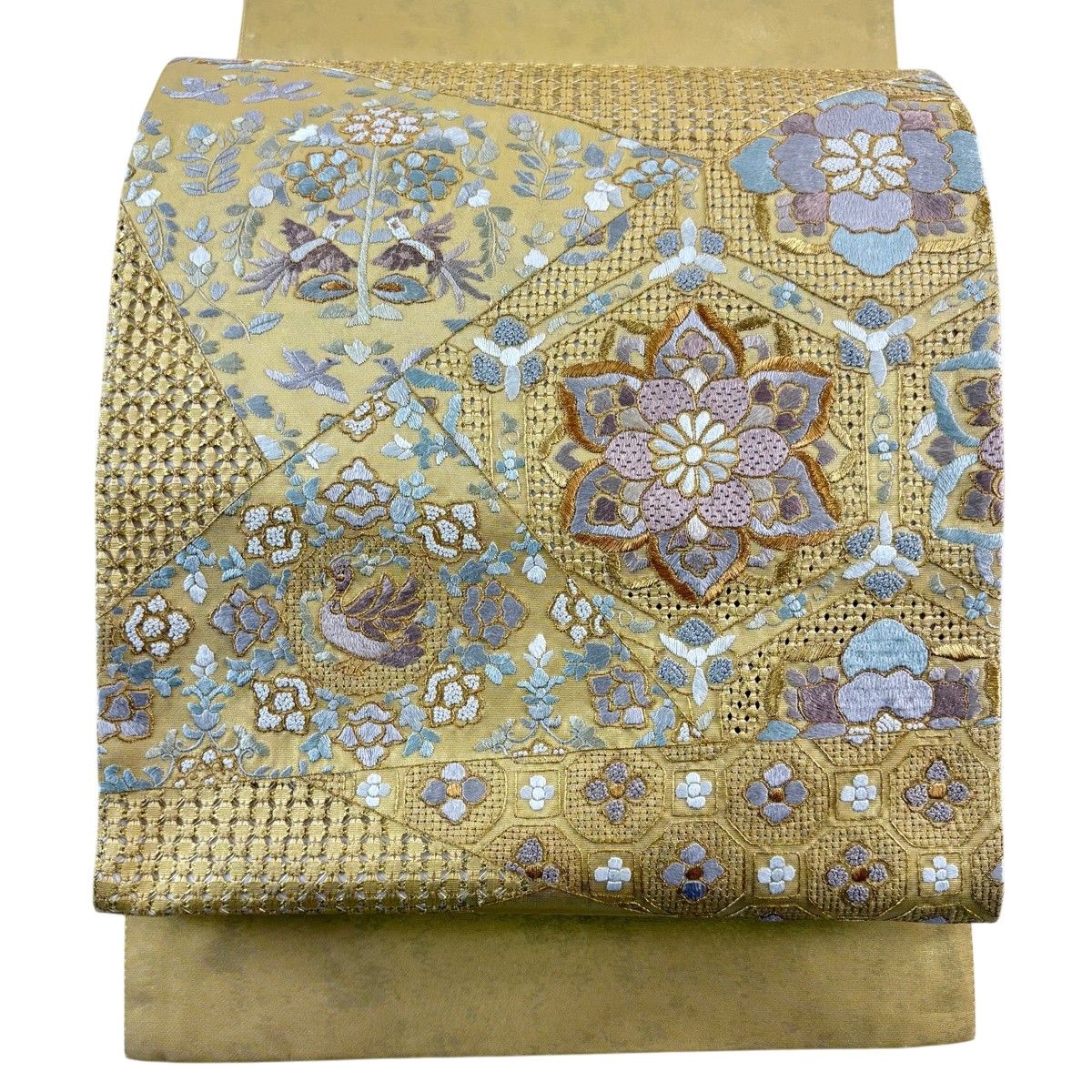 【美品】 袋帯 秀品 華文 花鳥 刺繍 金糸 金色 お太鼓柄 正絹 【中古】