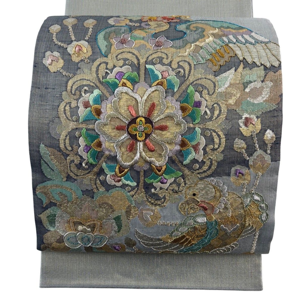 【美品】 袋帯 秀品 華文 鳥 金銀糸 箔 灰緑 お太鼓柄 正絹 【中古】
