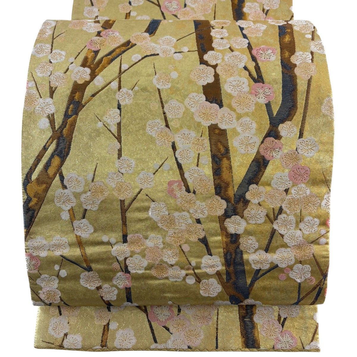 袋帯 秀品 紅梅白梅寿栄錦紋 枝梅 箔 金銀糸 金色 全通 正絹 【中古】