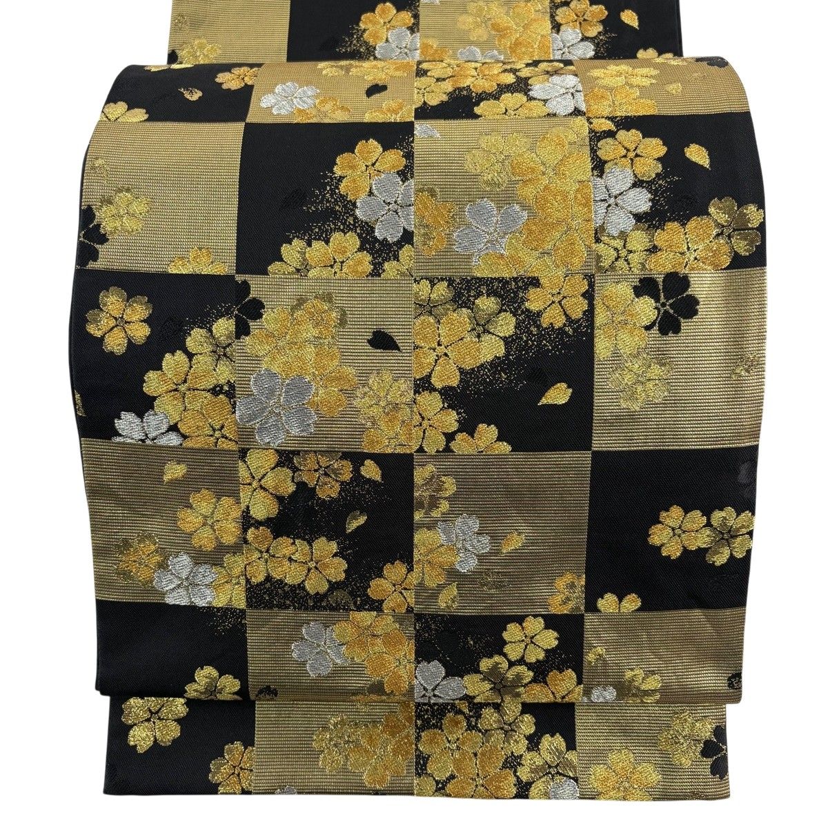 【美品】 袋帯 秀品 桂由美 落款 市松 花 金銀糸 箔 金色 六通 正絹 【中古】