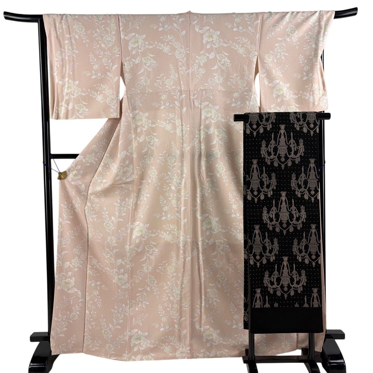 小紋 身丈168.5cm 裄丈68.5cm L 袷 袋名古屋帯セット 草花 ピンクベージュ 正絹 秀品 【中古】