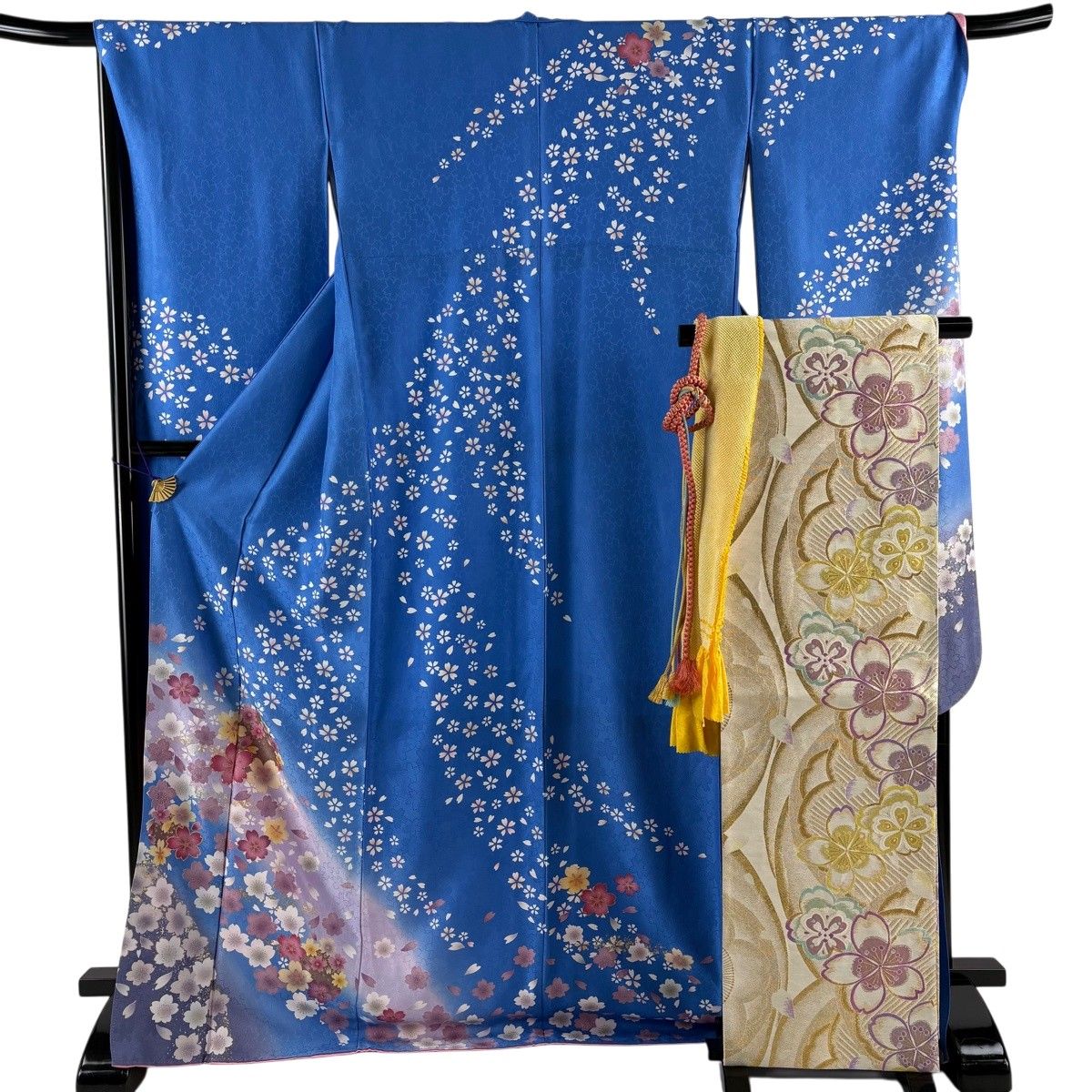 振袖 身丈173cm 裄丈70cm L 袷 袋帯フルセット 花丸文 桜 箔 金彩 青 正絹 名品 【中古】