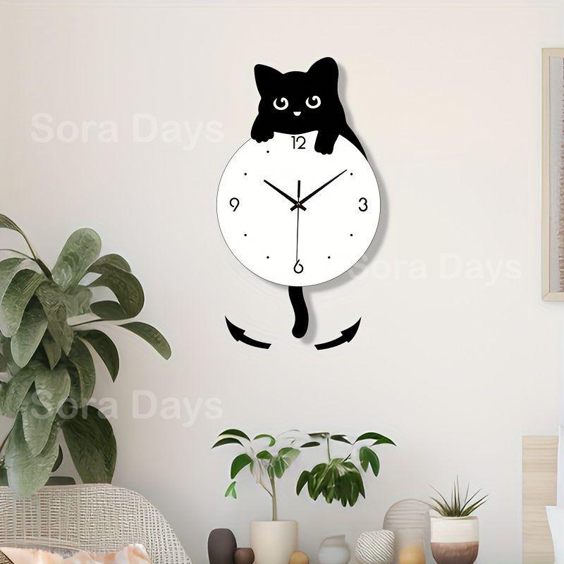掛け時計 猫 壁掛け時計 黒猫 振り子時計 尻尾が揺れる かわいい おしゃれ ナチュラル モダン シンプル 高級感 インテリア 北欧 静音時計 チックチック音なし リビング キッチン 子供部屋 ホームデコレーション 1個 ブラック 尻尾振り子機能付き