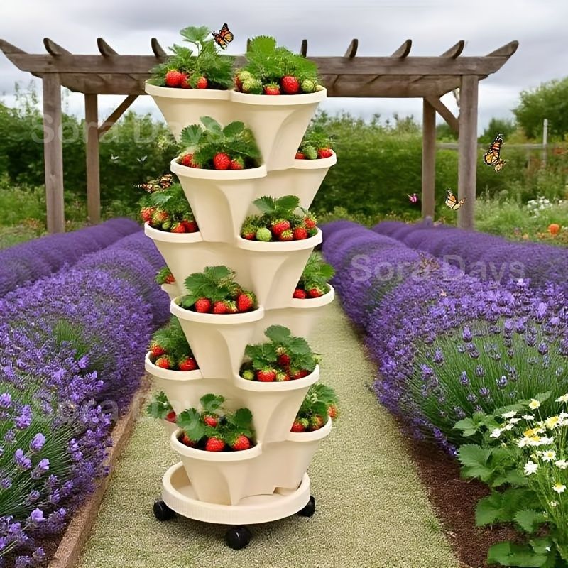 鉢・プランター 6段 いちごプランター タワー型プランター 多段植木鉢 ガーデニング 野菜栽培 家庭菜園 ベランダ菜園 かわいい おしゃれ ナチュラル 北欧風 インテリア 北欧 プラスチック製 ユニバーサルホイール付き