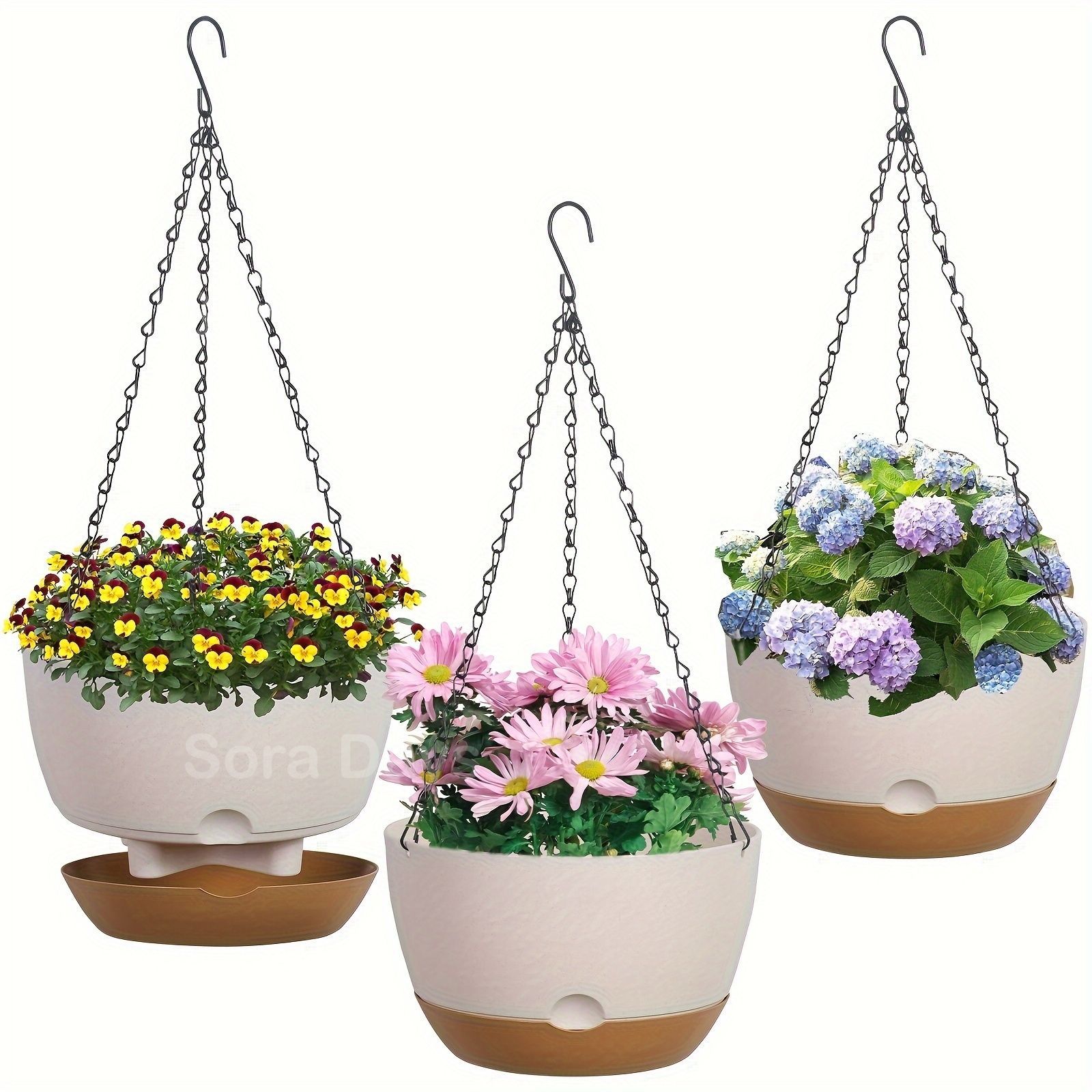 鉢・プランター ハンギングバスケット 吊り鉢 花 鉢植え ガーデニング 観葉植物ポット ハンギングプランター かわいい おしゃれ ナチュラル モダン 20.32cm 3点セット 排水機能付き チェーン 取り外し可能トレイ