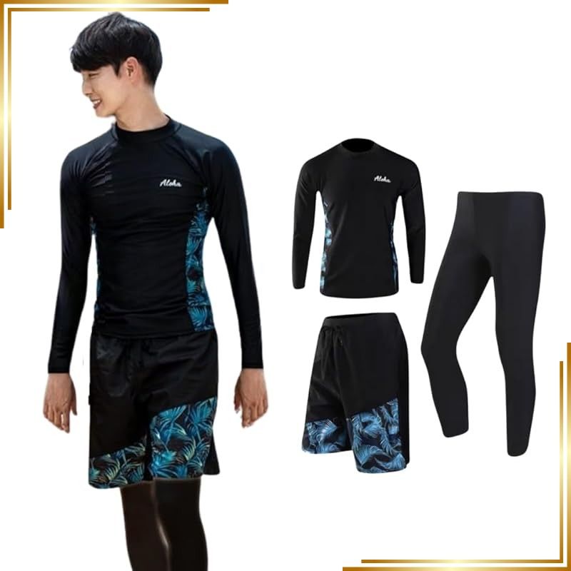 【新品】 [wechose] ラッシュガード メンズ 水着 長袖 上下セット 3点セット レギンス サーフパンツ フィットネス 男性 UVカット 大きい サイズ ビーチ 温泉 水泳 水陸両用 スイミング 通気性 快適 吸汗 速乾柔らかい肌触り おしゃれ プ 0