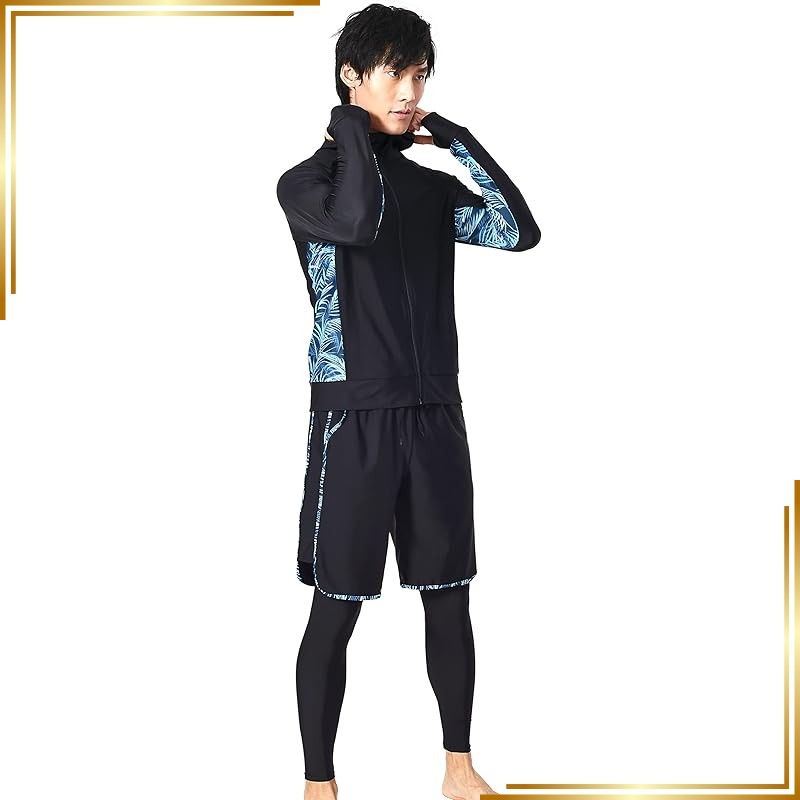 【新品】 [NARANNBU] 水着 メンズ ラッシュガード 長袖 上下３点セット パーカ+レギンス+海水パンツ 冷感・吸汗速乾・水陸両用 UVカット 大きいサイズ #n1ブルーリーフ＆ブラック L 1