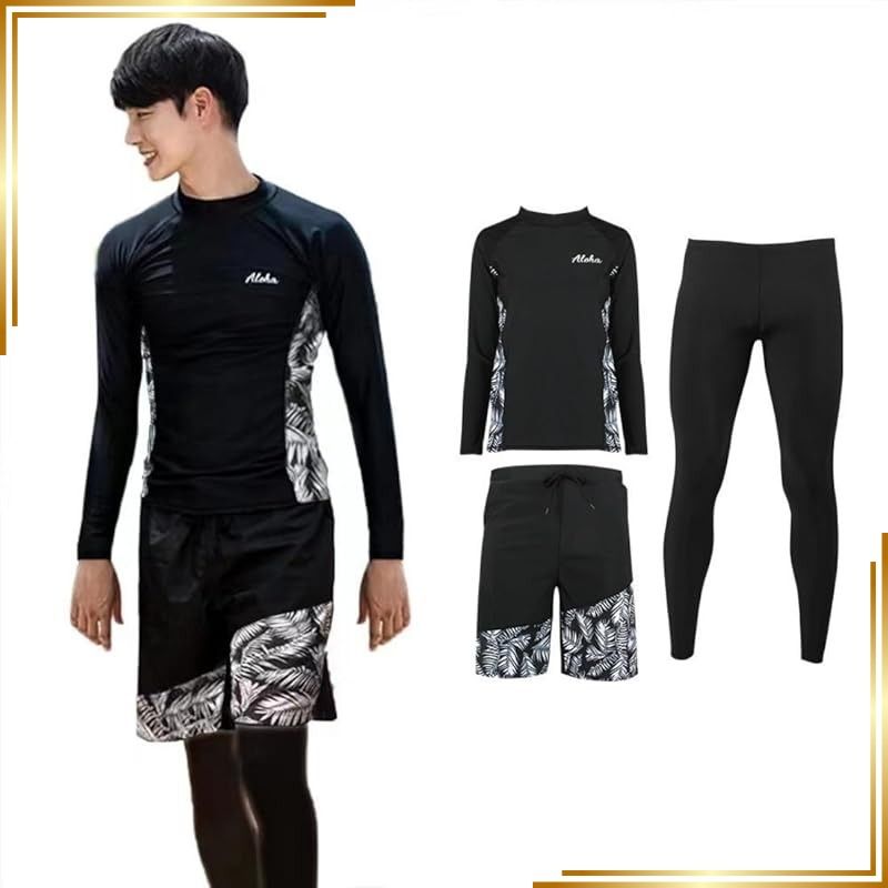 【新品】 [wechose] ラッシュガード メンズ 水着 長袖 上下セット 3点セット レギンス サーフパンツ フィットネス 男性 UVカット 大きい サイズ ビーチ 温泉 水泳 水陸両用 スイミング 通気性 快適 吸汗 速乾柔らかい肌触り おしゃれ プ 1