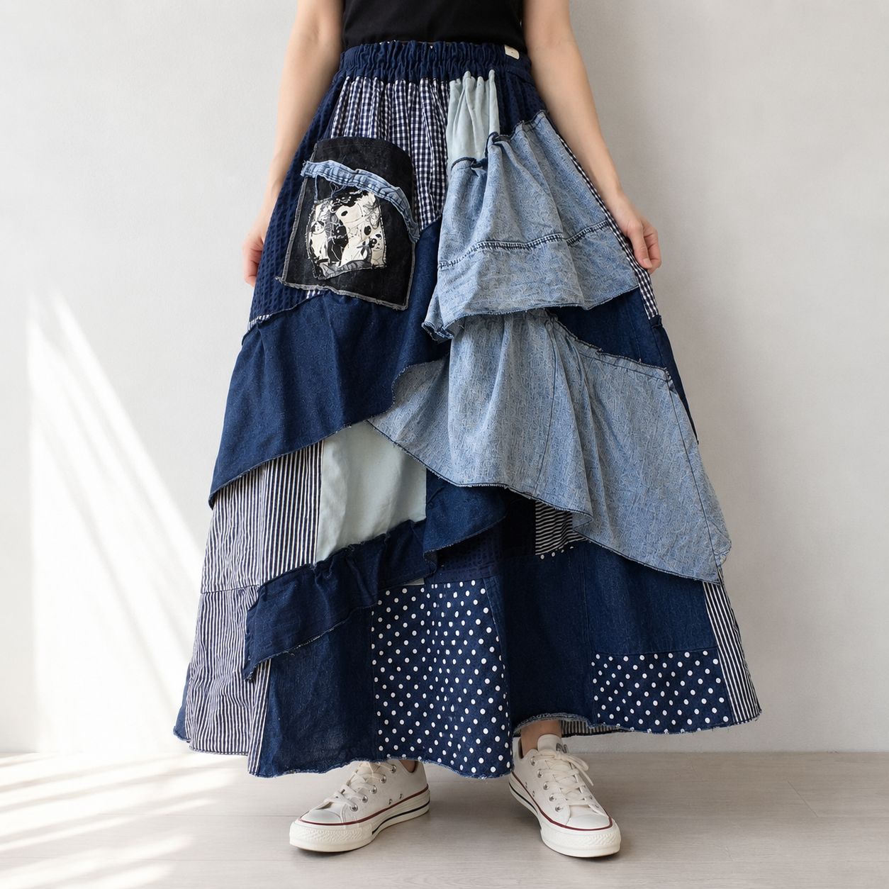 RMK blue｜お客様素材全部持ち込みオーダー①｜ネイビー・ブルーフリルコラージュ｜ロングスカート｜古着リメイク