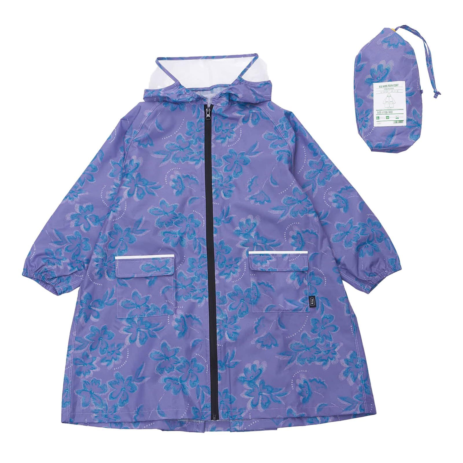 KiU キウ キッズレインコート KIDS RAIN COAT 防水 撥水 はっ水 耐水 雨対策 台風 梅雨 レインポンチョ 子供 子ども カッパ 雨具 雨ガッパ 雨合羽 袖付き 収納袋 ポケット 通園 通学 幼稚園 保 [ブルームシェード] [Medium]