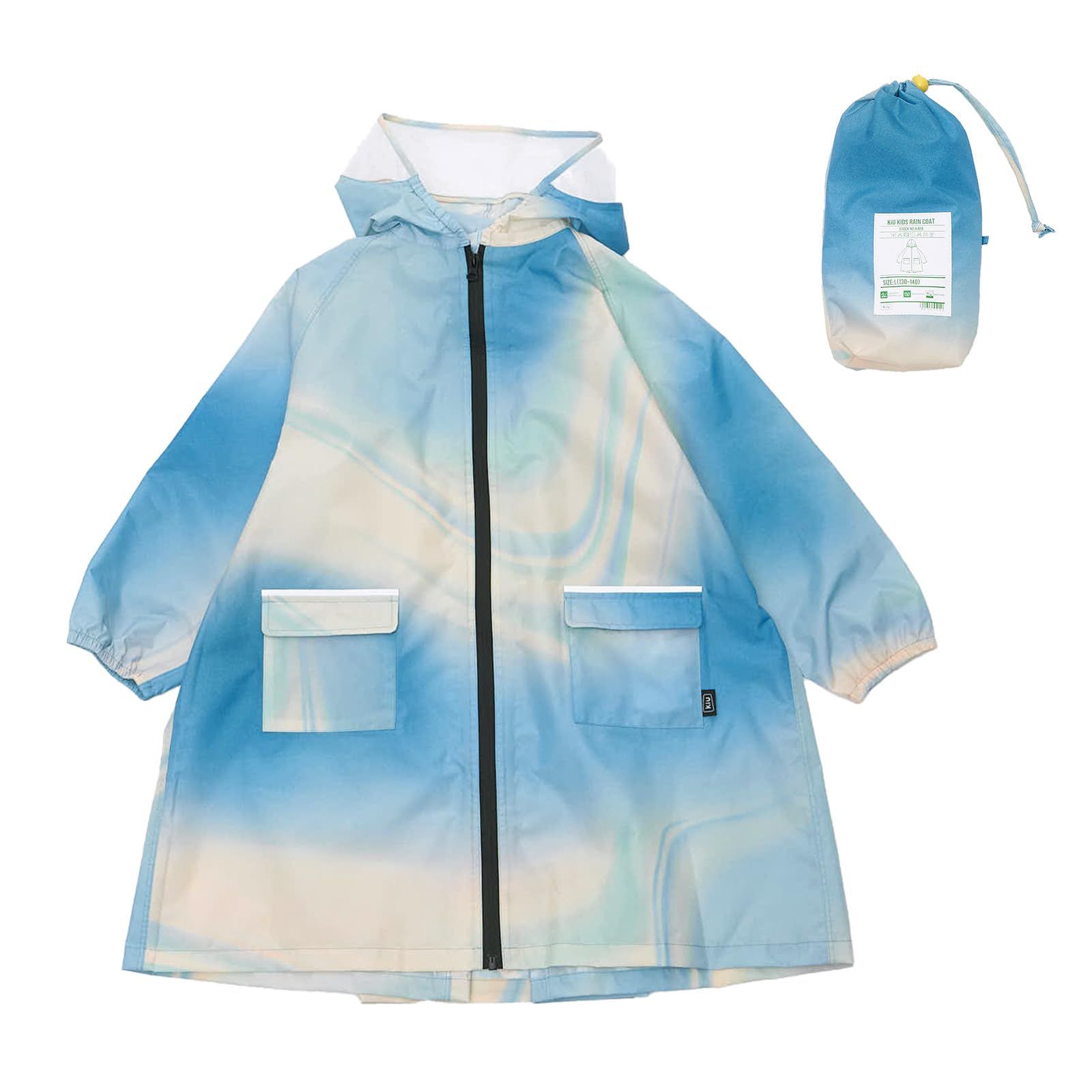 KiU キウ キッズレインコート KIDS RAIN COAT 防水 撥水 はっ水 耐水 雨対策 台風 梅雨 レインポンチョ 子供 子ども カッパ 雨具 雨ガッパ 雨合羽 袖付き 収納袋 ポケット 通園 通学 [マーブルグラデーションBL] [Medium]