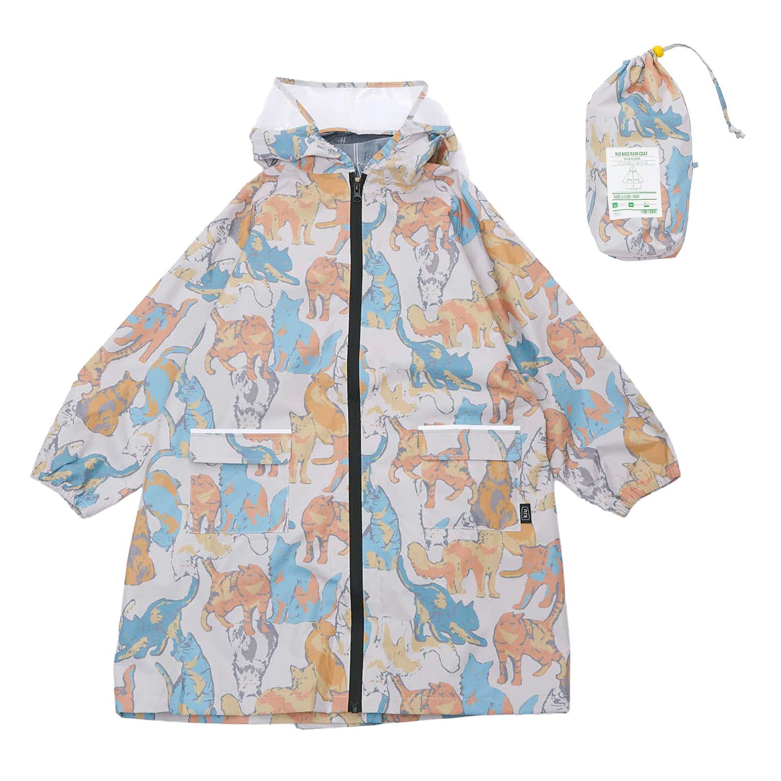 KiU キウ キッズレインコート KIDS RAIN COAT 防水 撥水 はっ水 耐水 雨対策 台風 梅雨 レインポンチョ 子供 子ども カッパ 雨具 雨ガッパ 雨合羽 袖付き 収納袋 ポケット 通園 通学 幼稚園 [ルミナスキャッツOF] [Large]
