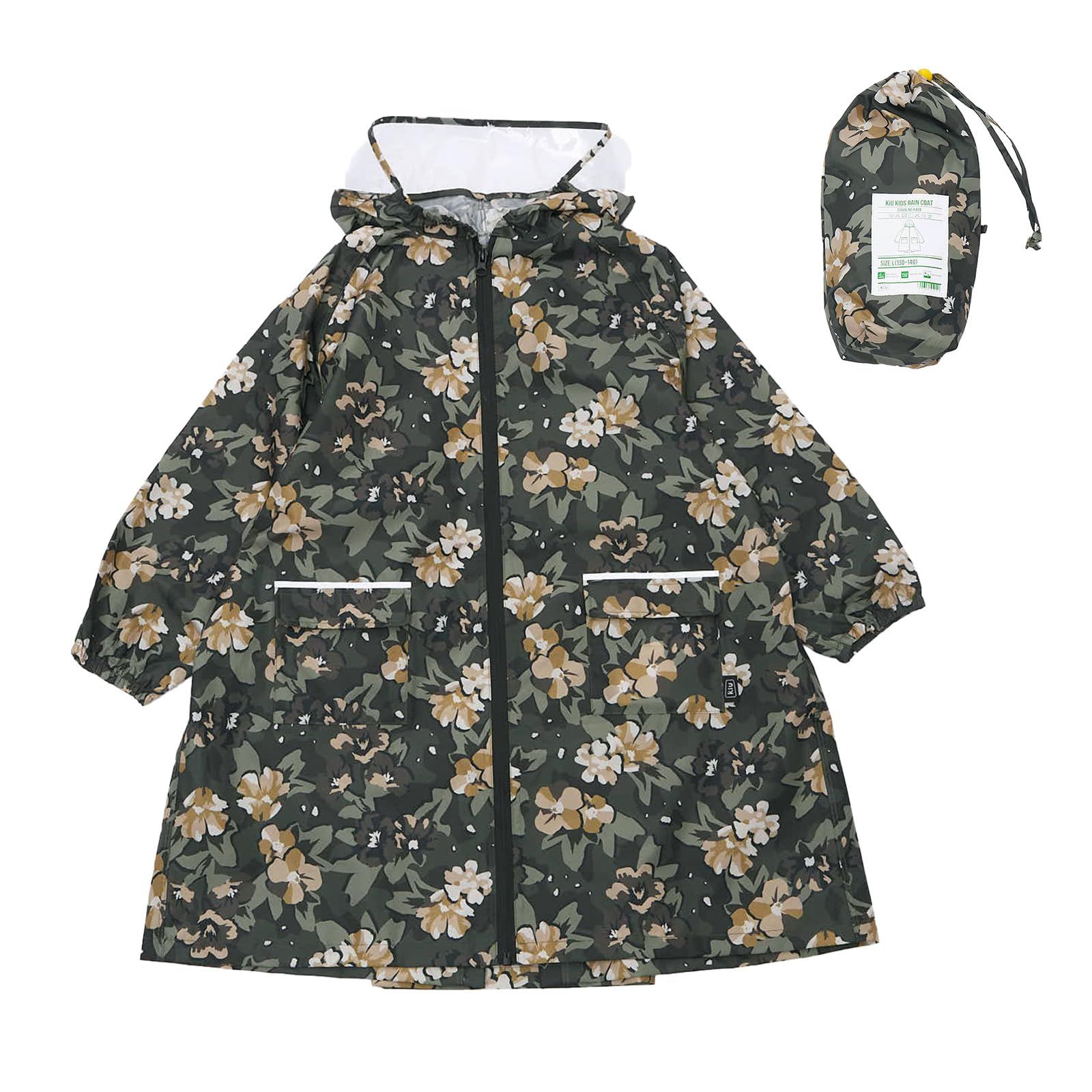 KiU キウ キッズレインコート KIDS RAIN COAT 防水 撥水 はっ水 耐水 雨対策 台風 梅雨 レインポンチョ 子供 子ども カッパ 雨具 雨ガッパ 雨合羽 袖付き 収納袋 ポケット 通園 通学 幼稚園 保育 [フラワーカモフラ] [Large]