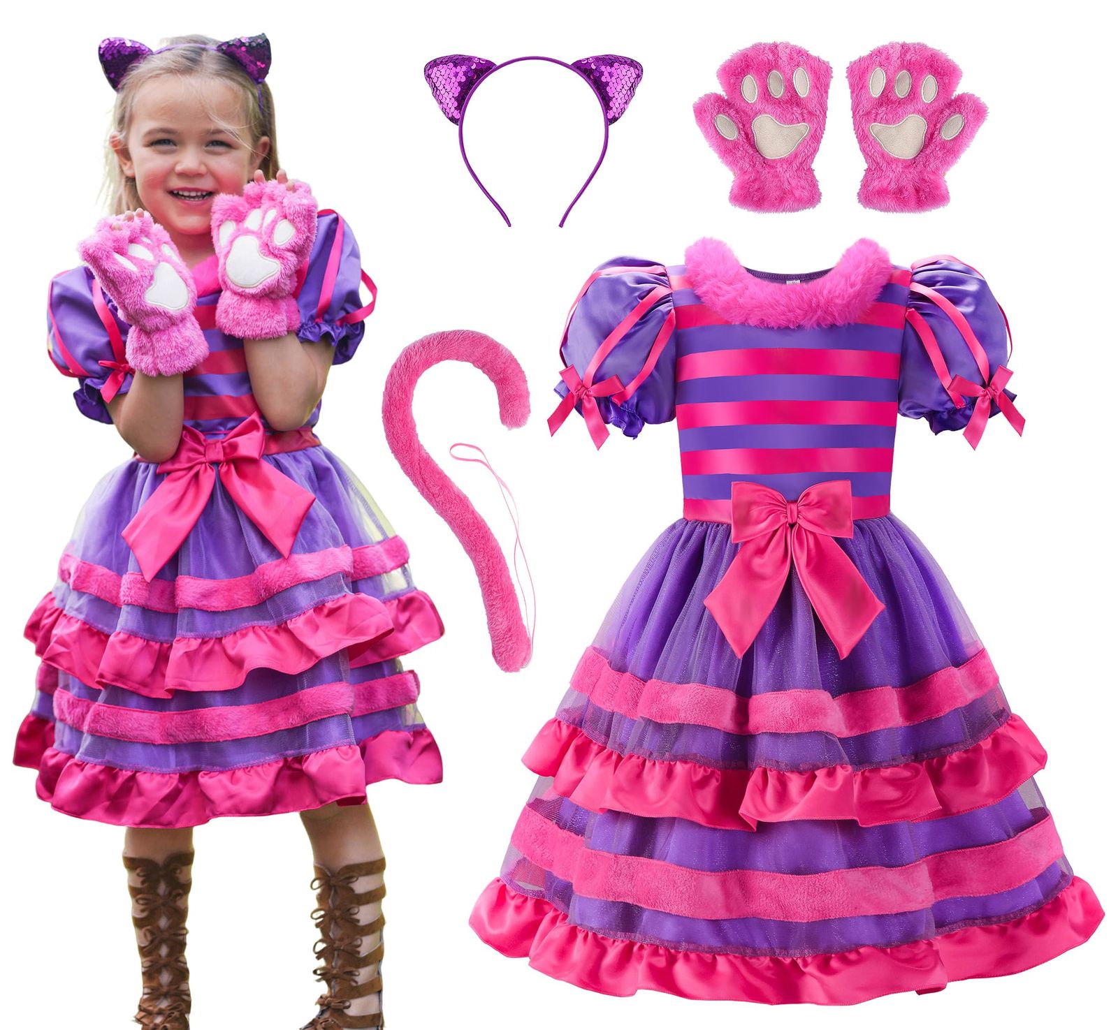 新品 [ReliBeauty] 猫 コスプレ ハロウィン 仮装 子供 女の子 ネコ アニマル キッズ コスチューム クリスマス パーティー ワンピース 猫耳カチューシャ しっぽ 肉球手袋 4点セット 紫 150