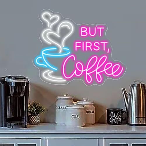 But First Coffee ネオンサイン 大型 5V USB 電源 アクリル ネオンライト 調光スイッチと吊り下げチェーン付き コーヒー カフェ バー パーティー リビングルーム サイン ギフト 35.5x28.7CM(ピンク) 国内発送
