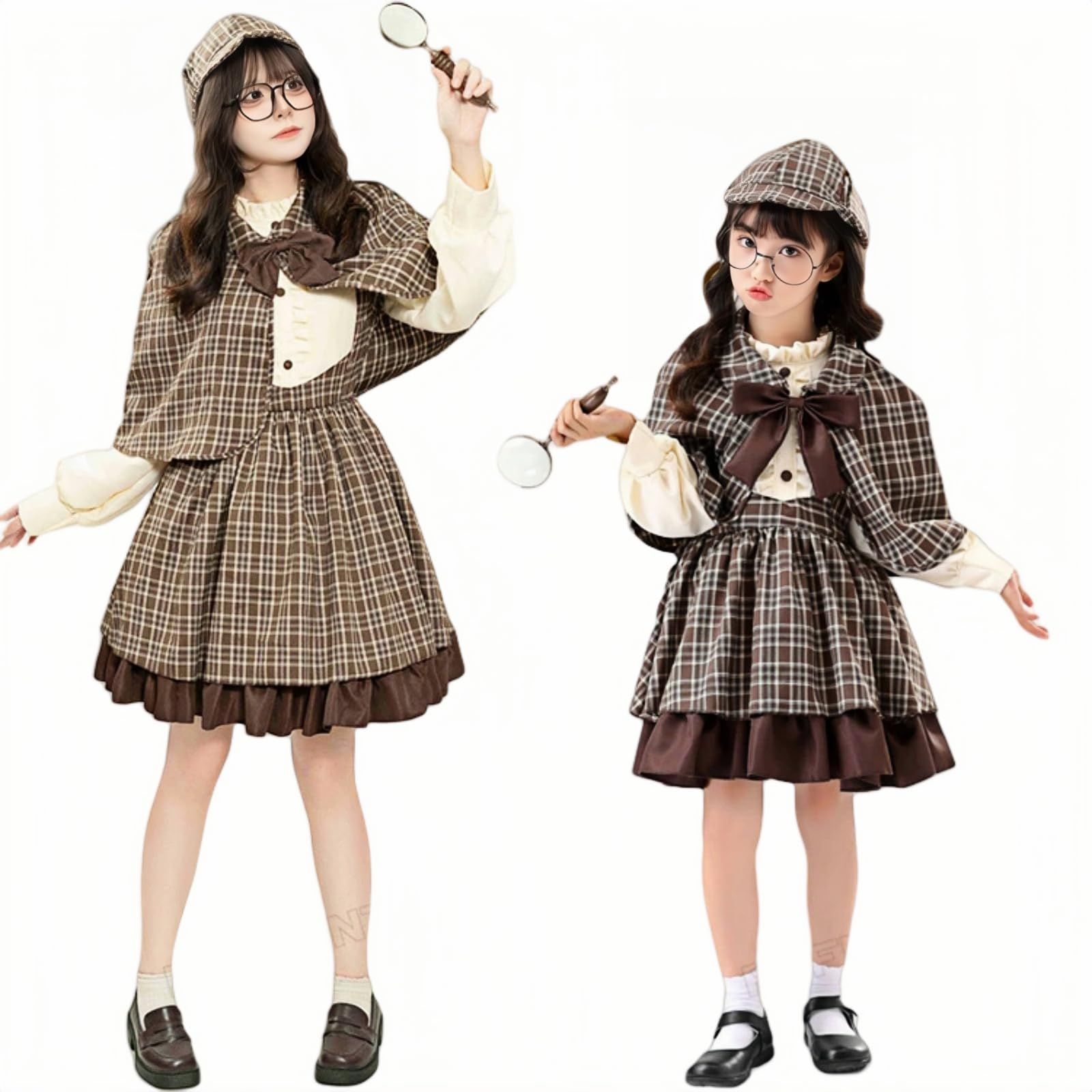新品 [JUNDOMECY] 探偵 コスプレ 大人 子供 ハロウィン コスプレ 衣装 探偵服 女の子 レディース 親子 お揃い 仮装 可愛い 面白い 帽子 ロリータ ワンピース マント 拡大鏡 コスチュームセット イベント 仮装パーティー お遊戯会 演出用 発