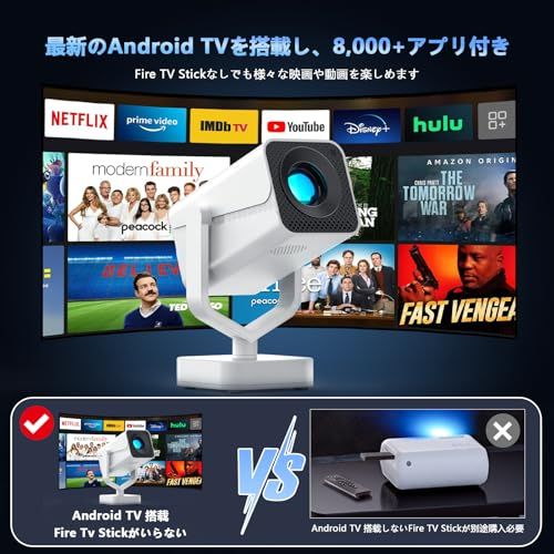 プロジェクター 家庭用 小型 短焦点【2025Android TV搭載・270°回転