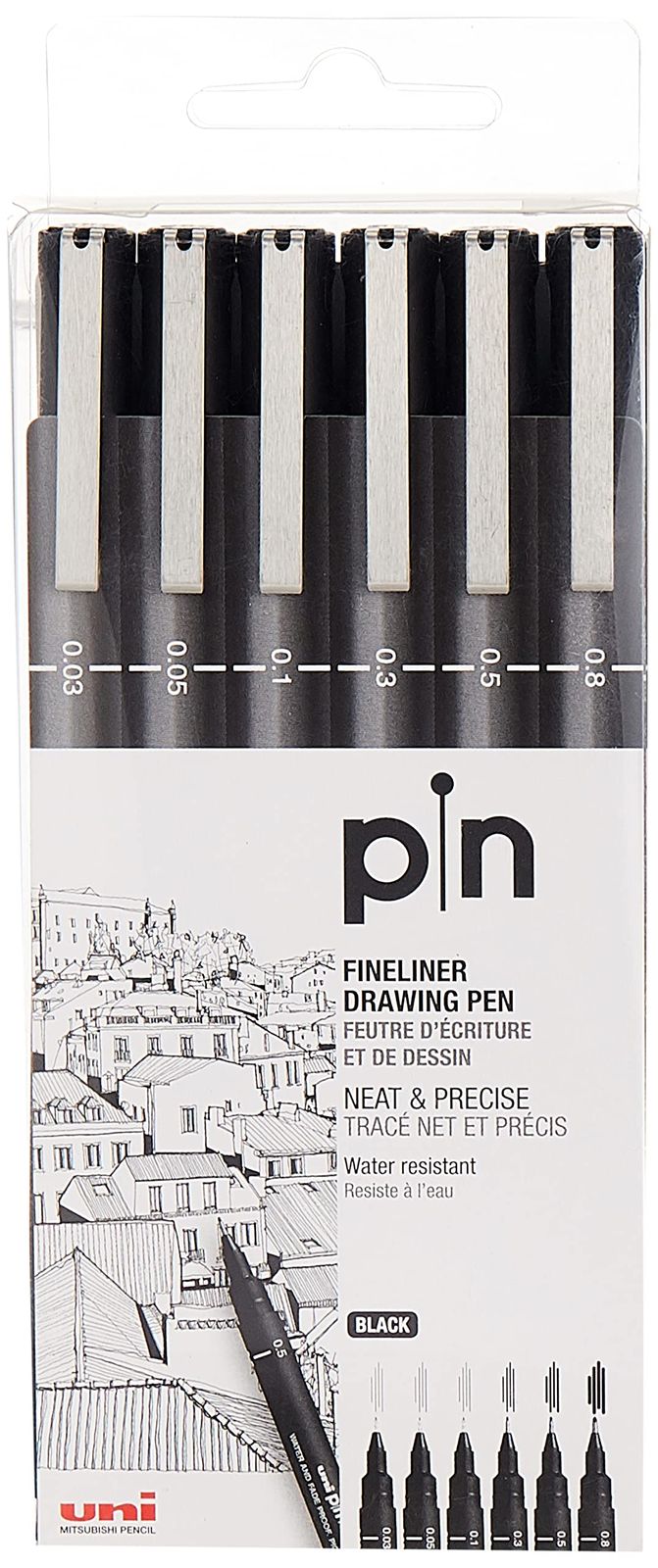 Uni Pinファインライナー描画ペン スケッチセット ブラックインク 0.03~0.8mm 6本セット