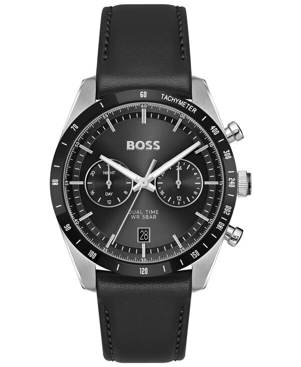 ヒューゴボス メンズ アクセサリー 腕時計 Hugo Boss Mens Tourmaster Quartz Multifunction Black Calfskin Watch 41mm Black ブラック