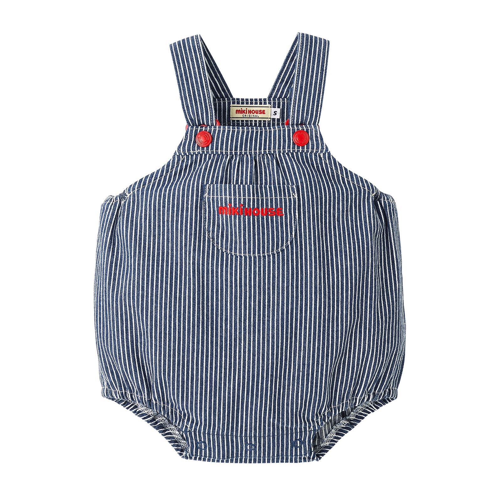 新品 [ミキハウス] ロンパース サロペット オーバーオール ロゴ 無地 日本製 男の子 女の子 ベビー キッズ ベビー服 赤ちゃん 子供服 10-1509-493 S(70-80cm) 紺×白