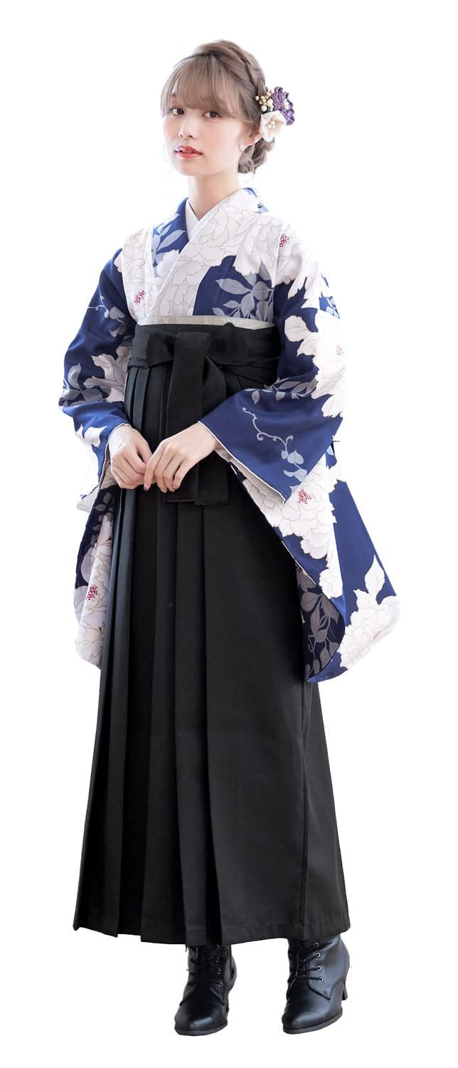 新品 [SOUBIEN] ソウビエン 袴 4点 セット (二尺袖着物/袴/長襦袢/下帯) レディース 卒業式 S 2尺3寸 87cm ネイビーなど×ブラック nis10007-hml00050