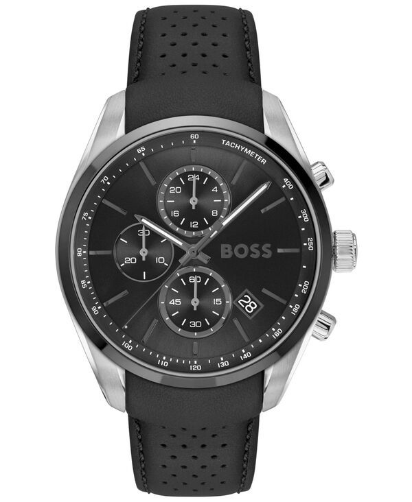 ヒューゴボス メンズ アクセサリー 腕時計 レザー Hugo Boss Mens Grand Prix 44 Quartz Chronograph Black Leather Watch 4450mm Black ブラック