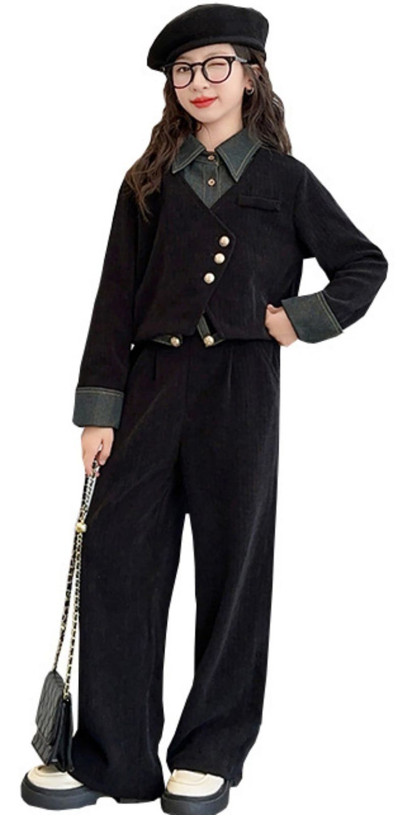 新品 [TRVELBETT] 黒系 卒業式 パンツスーツ 女の子 ジュニア セットアップ かっこいい 韓国風 子供服 重ね着 トップス 長袖 ワイドパンツ 中学生 高校生 6年生 卒服 大人っぽい 入学式 小学生 結婚式 発表会 七五三 フォーマル (ブラック