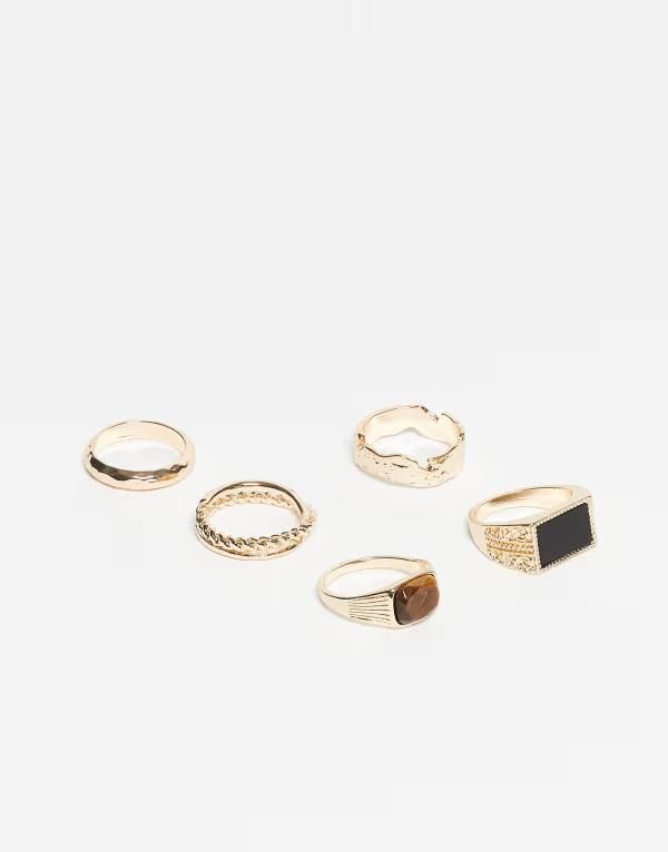 エイソス メンズ アクセサリー リング ASOS DESIGN 5 pack tigers eye and black agate semiprecious rings GOLD ゴールド