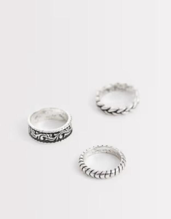 エイソス メンズ アクセサリー リング ASOS DESIGN 3 pack textured and patterned band rings tone SILVER シルバー