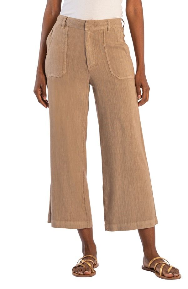 カットフロムザクロス レディース ボトムス レギンス ワイドレッグ ハイウエスト パンツ リネン KUT from the Kloth Topaz High Waist Crop Wide Leg Linen Blend Pants Khaki カーキ