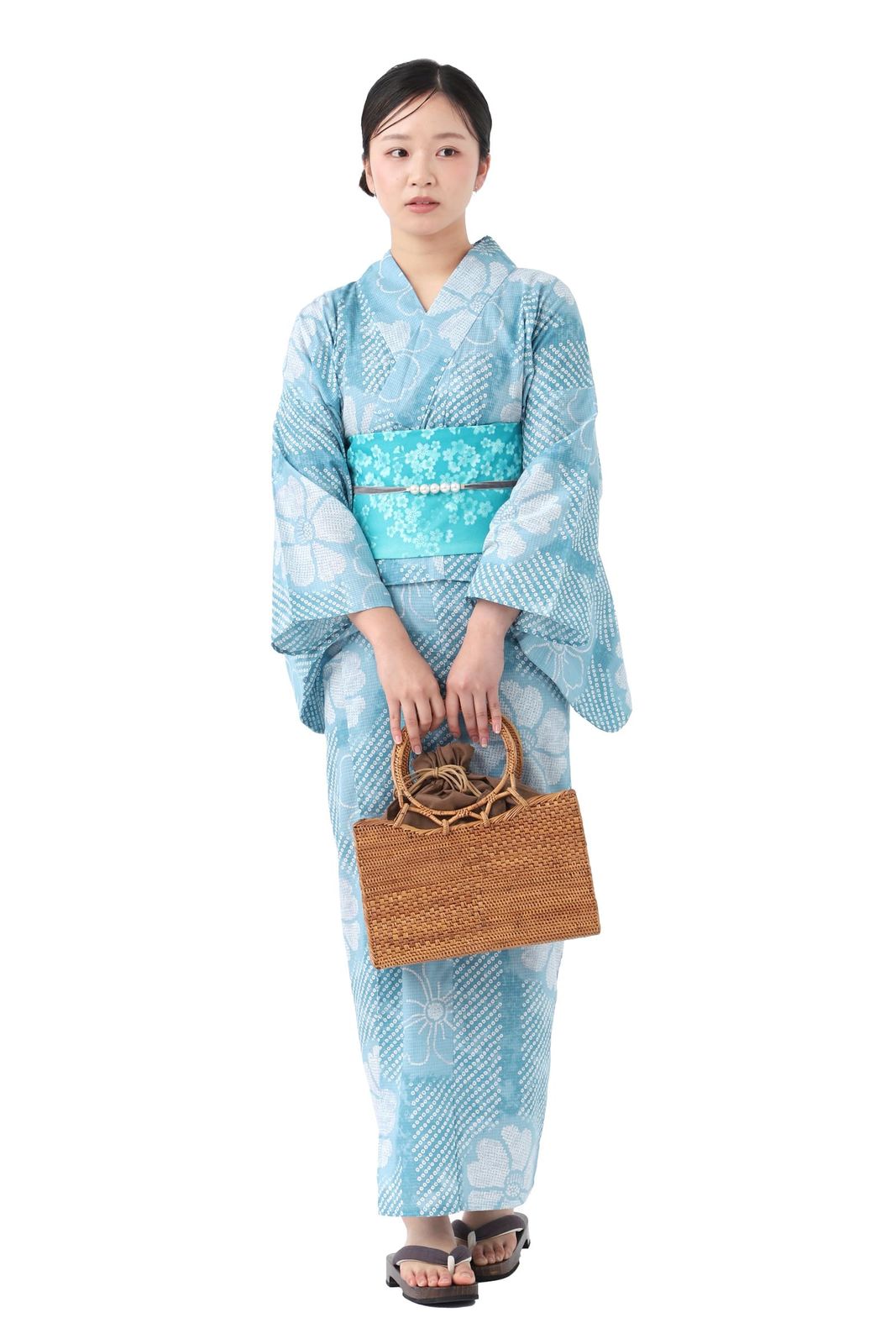 新品 [たゆたふ] 二部式浴衣 3点 セット 帯 下駄 花柄 簡単 二部式 セパレート (パステル系絞り風椿柄 L)