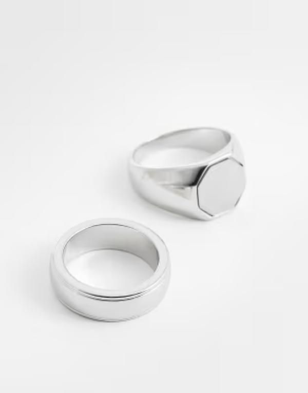 エイソス メンズ アクセサリー リング Tシャツ ASOS DESIGN waterproof stainlessteel 2 pack brushed octagonal top signet ring tone SILVER シルバー