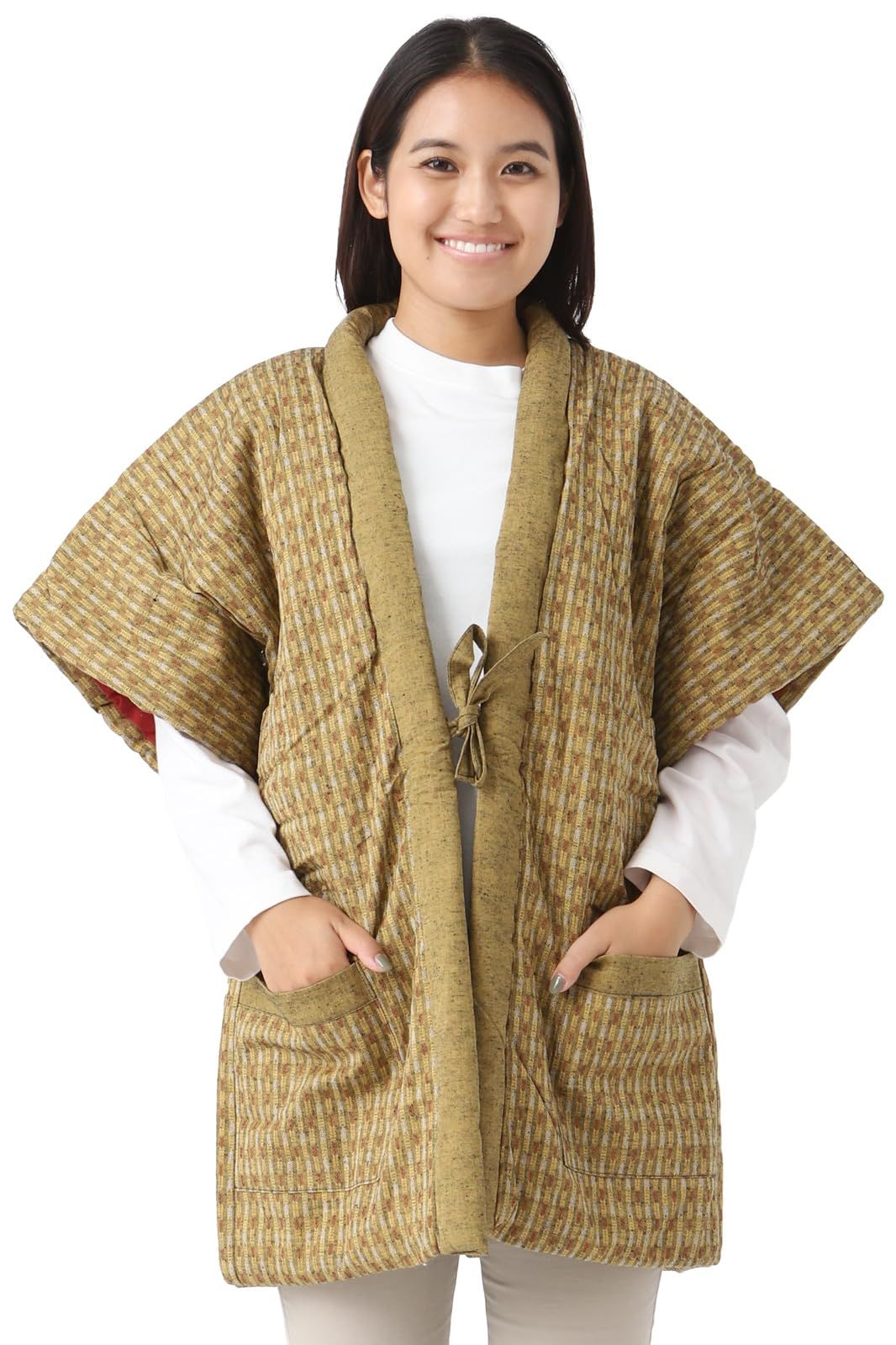 新品 [たゆたふ] はんてん 袖なし レディース やっこ 奴 半纏 久留米 日本製 紬 M-L どてら 丹前 ちゃんちゃんこ (矢羽根 黄色)