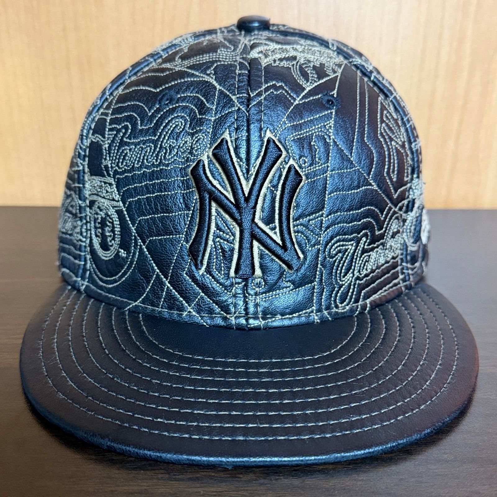 90s~00s NEW ERA ニューヨークヤンキース レザー 本革 7 3/4 刺繍 キャップ ブラック