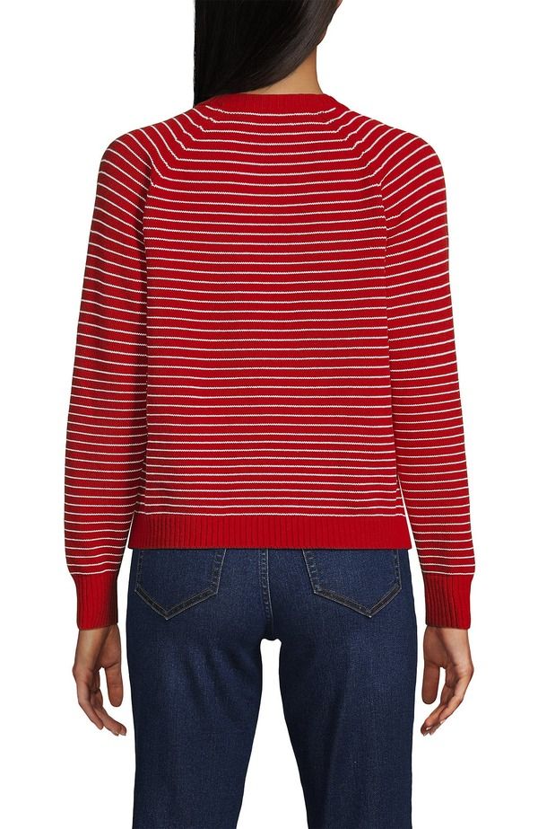 ランズエンド レディース アウター パーカー・スウェット クルーネック セーター Lands Endrifter Jacquard Raglan Crew Neck Sweater Compass RedIvory Mini Stripe アイボリー