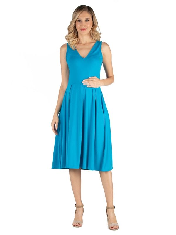 24 セブンコンフォート レディース トップス ワンピース ミディ ノースリーブ マタニティ 24seven Comfort Apparel Maternity Fit and Flare Sleeveless Midi Dress with Pockets