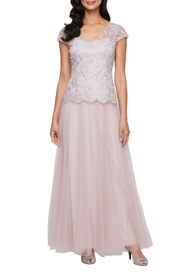 アレックスイブニングス レディース トップス ワンピースパンコール 刺繍 Alex Eveningsequin Embroidered Faux TwoPiece Gown Blush ブラッシュ