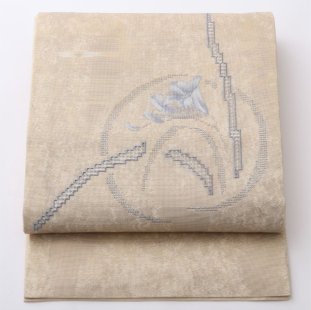 お買い得品！九寸名古屋帯 （夏帯） Bランク 帯丈356cm 正絹 六通 開き仕立て 織り インフォーマル もじり織 百合 クリーム系 RP 1245-02427