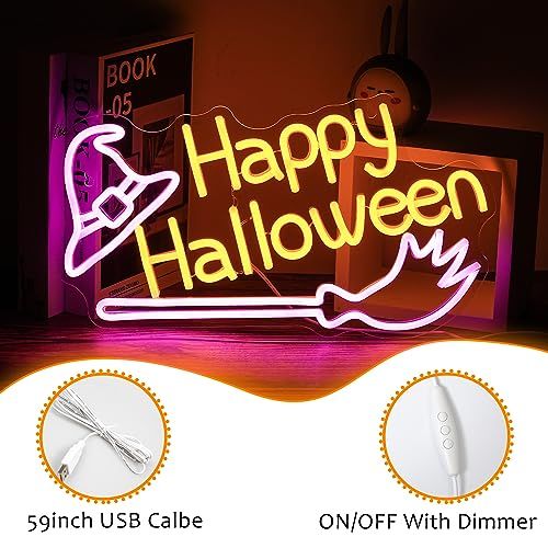 Happy Halloweenネオンサイン ハロウィンハッピーネオンロゴ 魔女帽