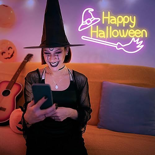 ネオンサイン　ハロウィン　パーティー　装飾　オーダーメイド　魔女帽子　ホウキ Happy Halloweenネオンサイン ハロウィンハッピーネオンロゴ 魔女帽