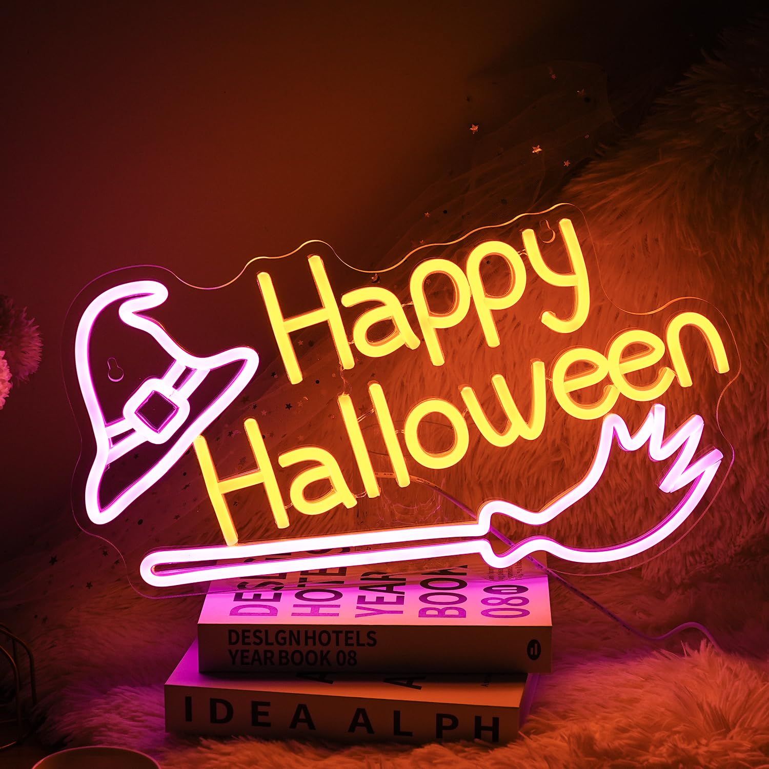 Happy Halloweenネオンサイン ハロウィンハッピーネオンロゴ 魔女帽