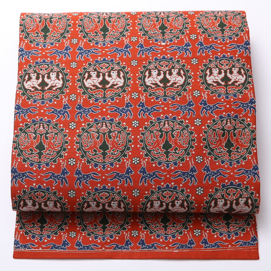 特価！未使用品 九寸名古屋帯 Nランク 帯丈348cm 正絹 全通 名古屋仕立て 織り インフォーマル しつけ糸 双鳥唐花文 名物裂 連珠文 赤系 RP 1245-02509